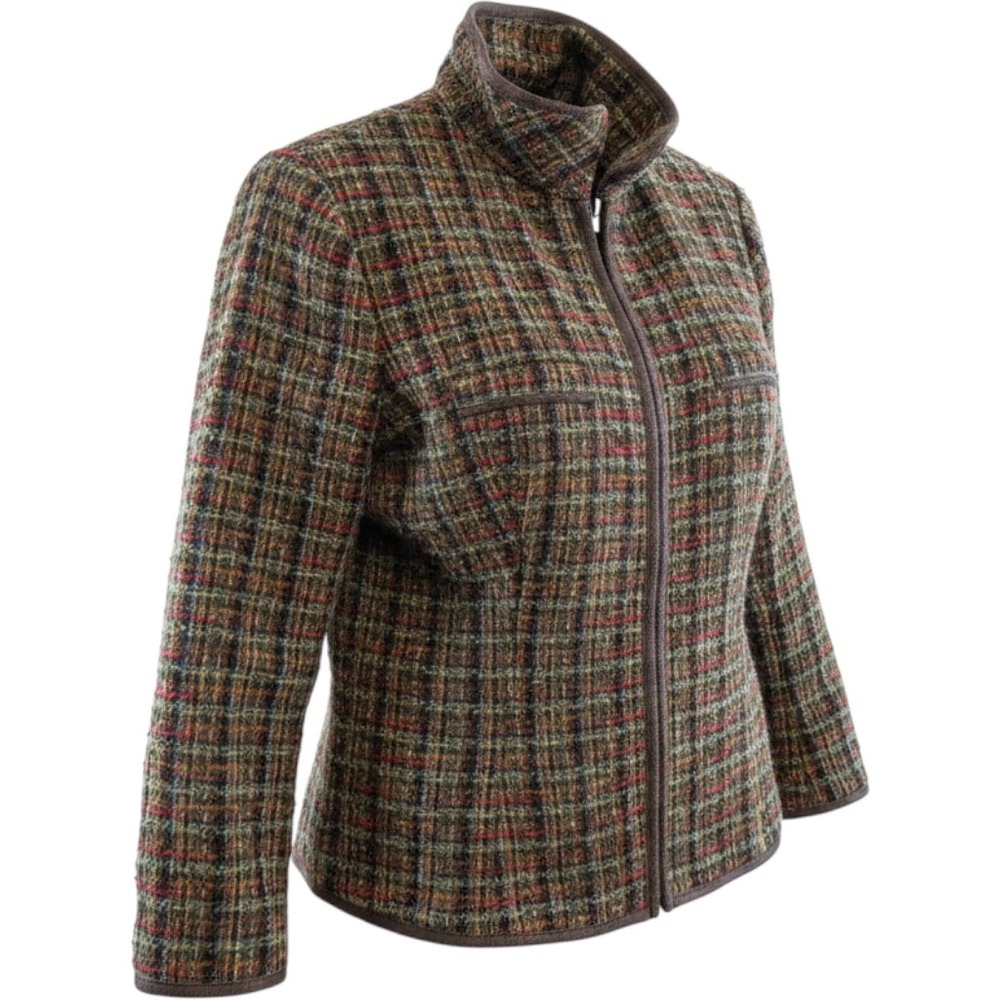 Sag Harbor Petite Womens 14P Full Zip Tweed Jacket Plaid Brown Green F42190